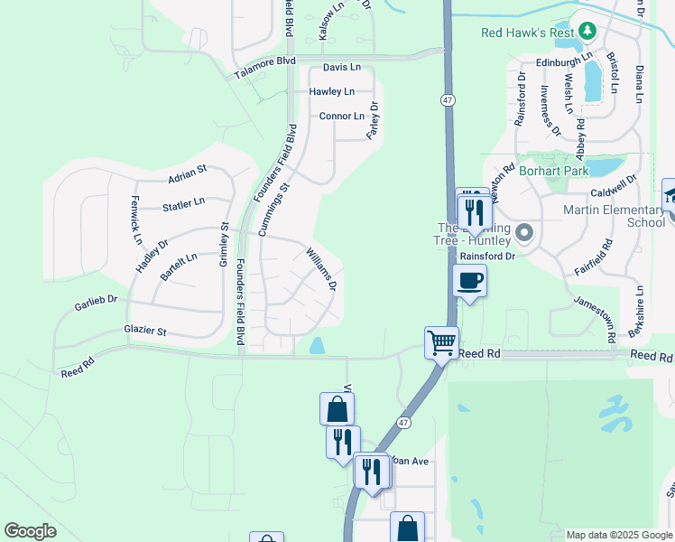 map of restaurants, bars, coffee shops, grocery stores, and more near 9862 Williams Drive in Huntley