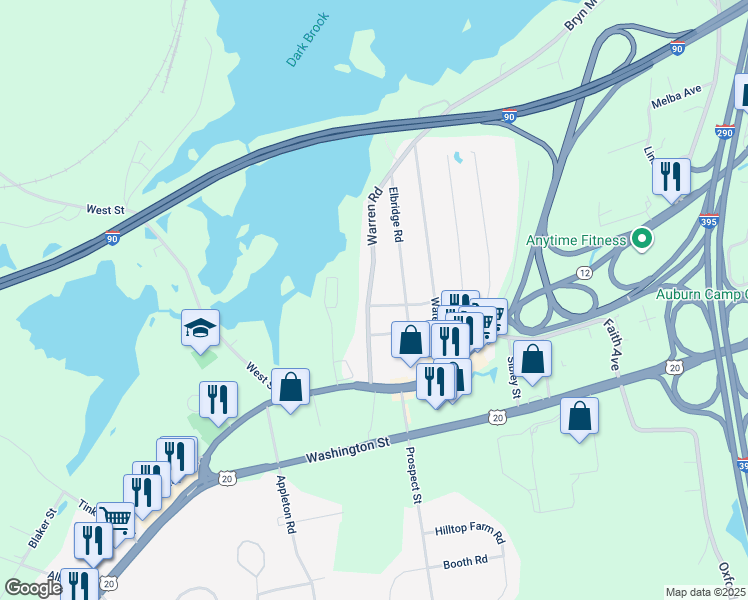 map of restaurants, bars, coffee shops, grocery stores, and more near 16 Warren Road in Auburn