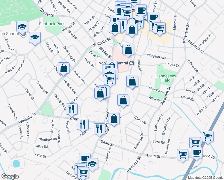 map of restaurants, bars, coffee shops, grocery stores, and more near 886 Washington Street in Norwood