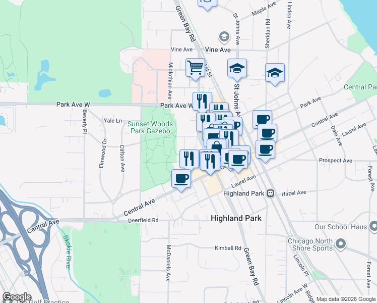 map of restaurants, bars, coffee shops, grocery stores, and more near 1840 Green Bay Road in Highland Park
