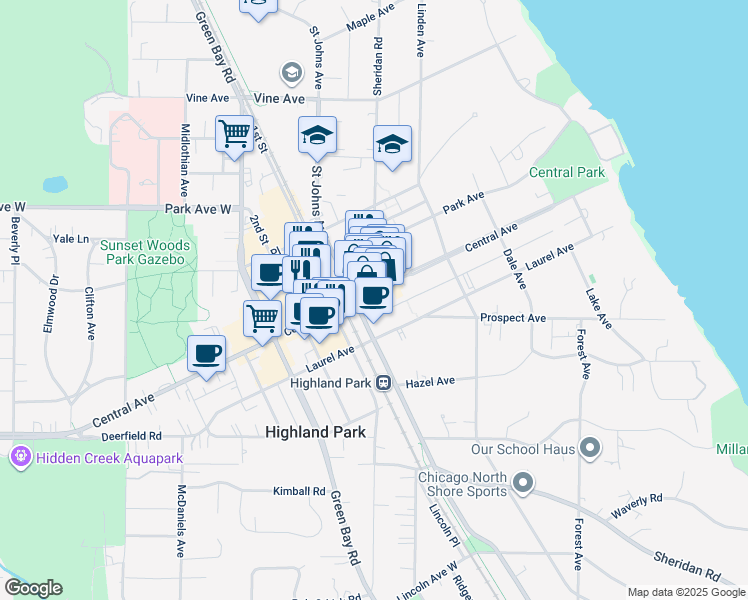 map of restaurants, bars, coffee shops, grocery stores, and more near 492 Central Avenue in Highland Park