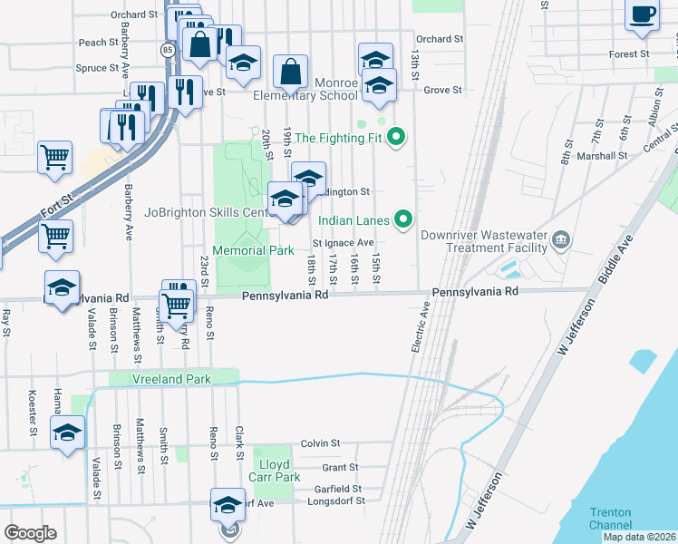 map of restaurants, bars, coffee shops, grocery stores, and more near 4669 17th St in Wyandotte