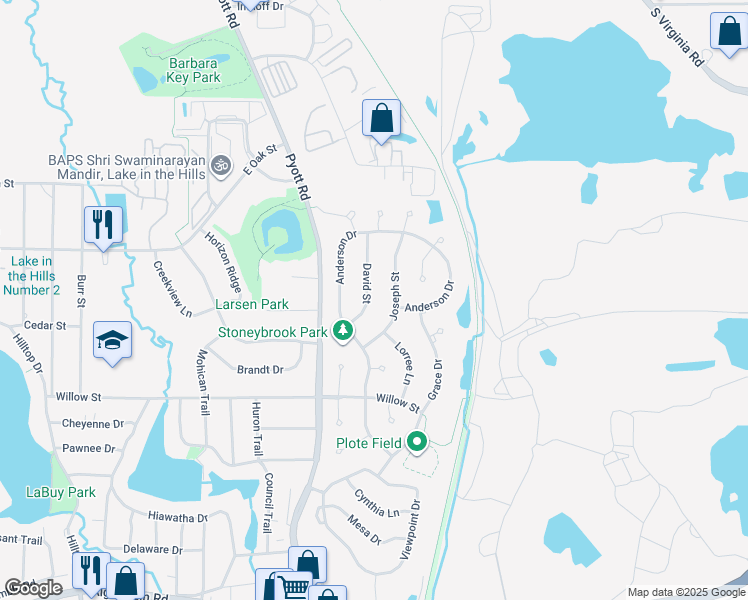 map of restaurants, bars, coffee shops, grocery stores, and more near 632 David Street in Lake in the Hills