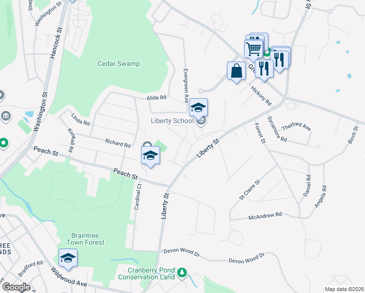 map of restaurants, bars, coffee shops, grocery stores, and more near 33 Amherst Road in Braintree