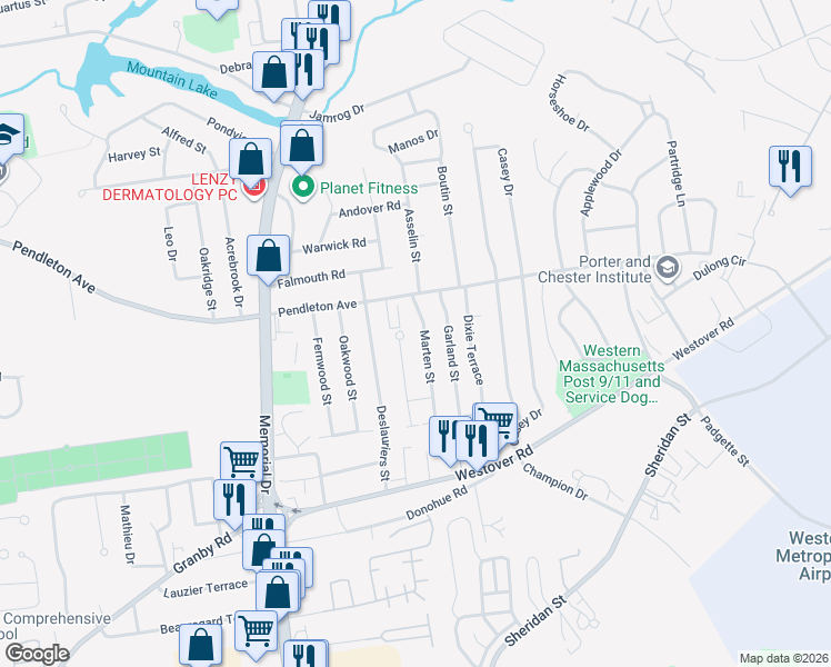 map of restaurants, bars, coffee shops, grocery stores, and more near 38 Marten Street in Chicopee