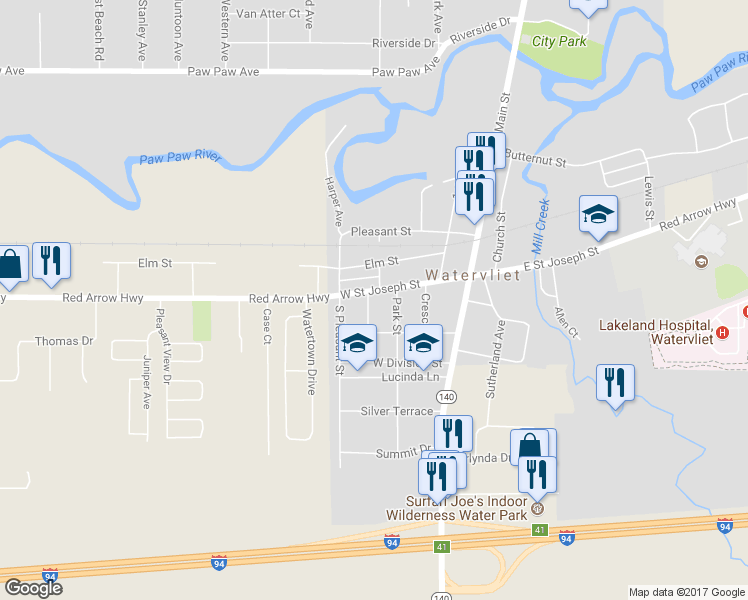 map of restaurants, bars, coffee shops, grocery stores, and more near 339 West Saint Joseph Street in Watervliet