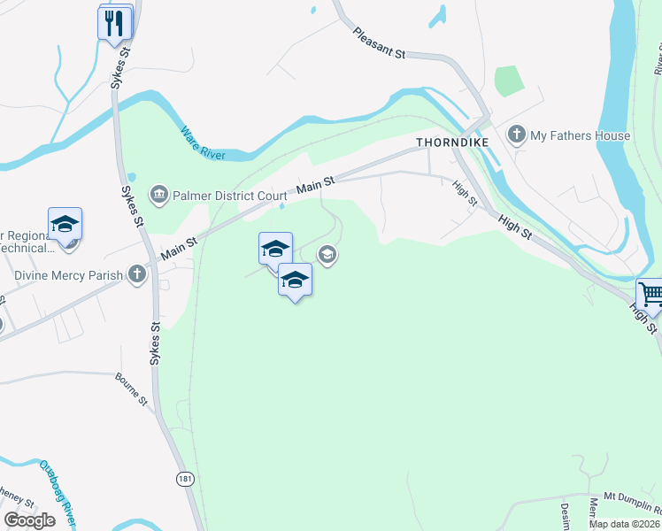map of restaurants, bars, coffee shops, grocery stores, and more near 4105 Main Street in Palmer