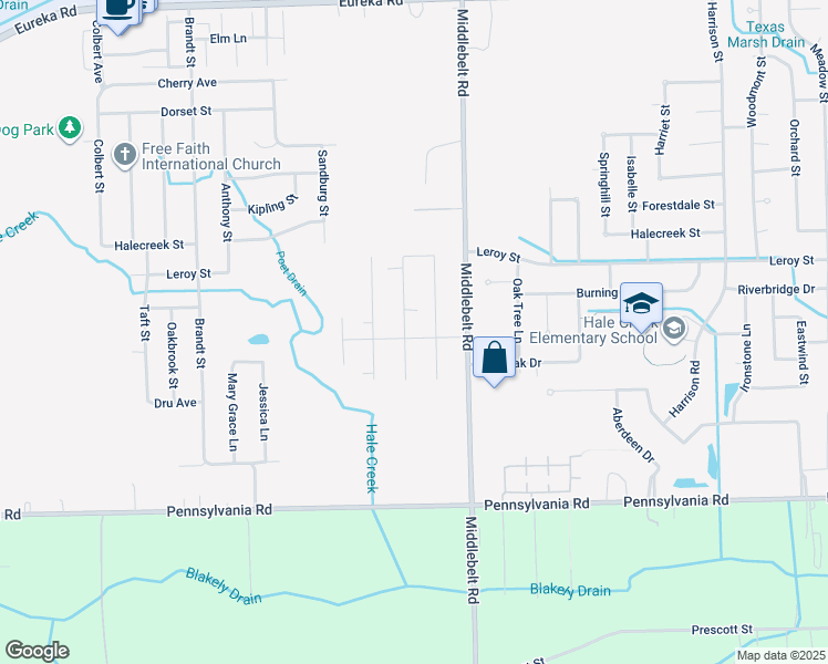 map of restaurants, bars, coffee shops, grocery stores, and more near 16312 Hollywood Street in Romulus