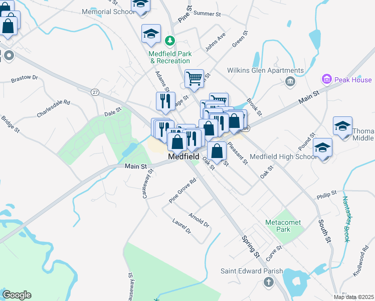 map of restaurants, bars, coffee shops, grocery stores, and more near 547 Main Street in Medfield
