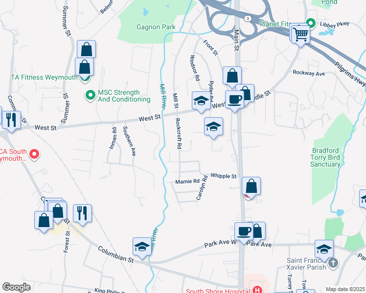 map of restaurants, bars, coffee shops, grocery stores, and more near 60 Rockcroft Rd in Weymouth