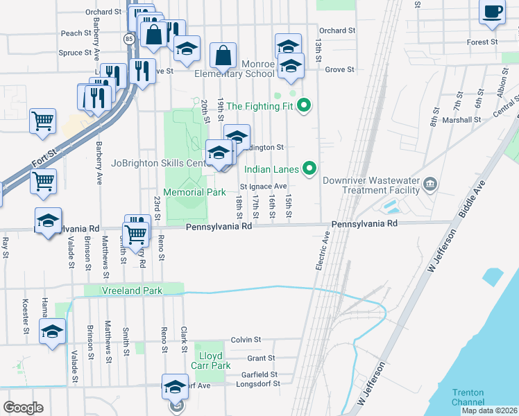 map of restaurants, bars, coffee shops, grocery stores, and more near 4669 17th Street in Wyandotte