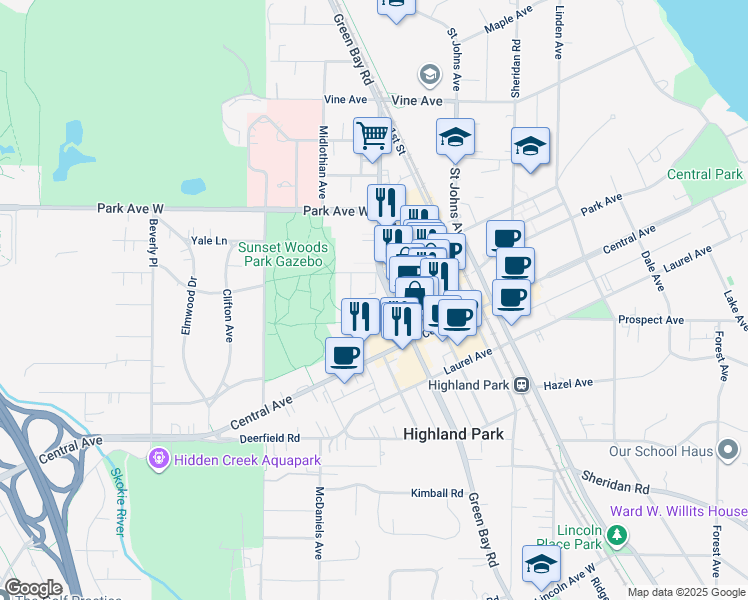 map of restaurants, bars, coffee shops, grocery stores, and more near 1840 Green Bay Road in Highland Park