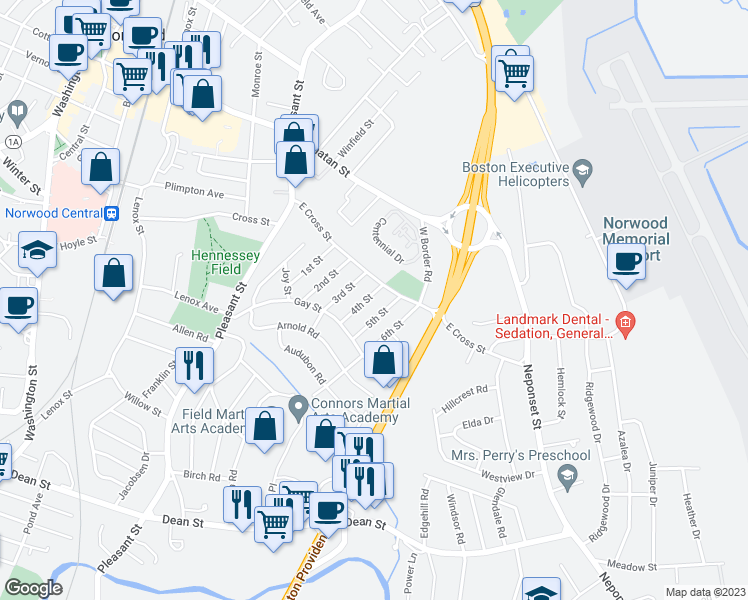 map of restaurants, bars, coffee shops, grocery stores, and more near 12 4th Street in Norwood