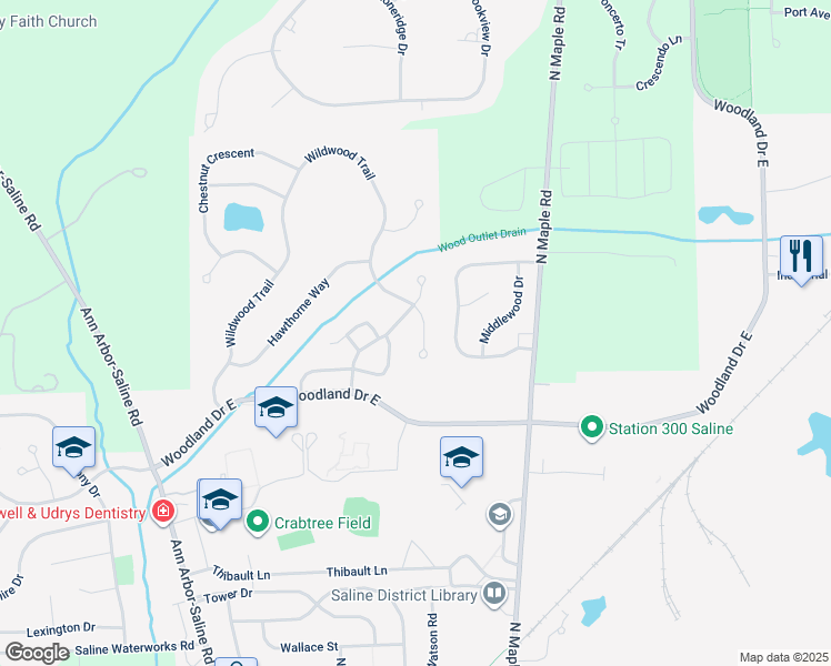 map of restaurants, bars, coffee shops, grocery stores, and more near 2974 Wildwood Court in Saline