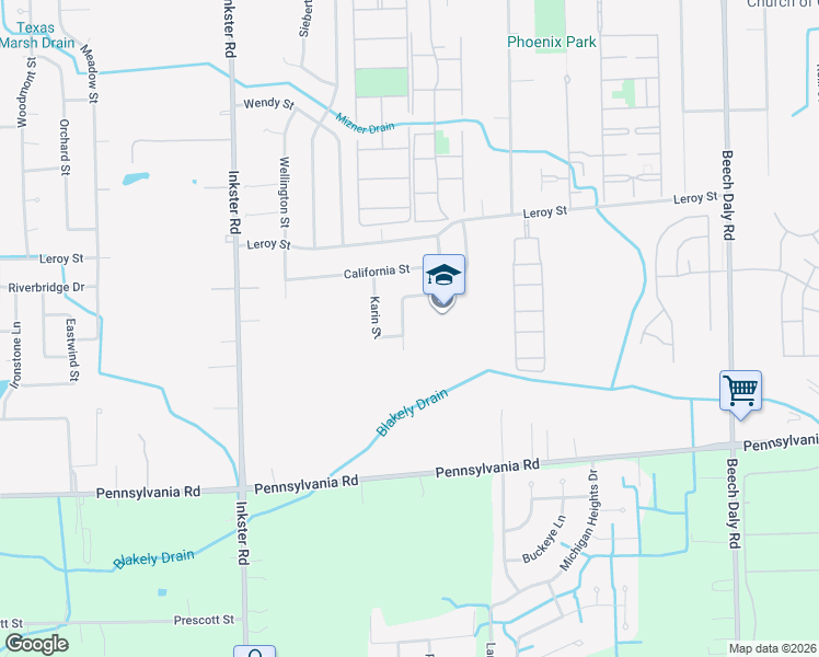 map of restaurants, bars, coffee shops, grocery stores, and more near 16343 Lauren Street in Taylor