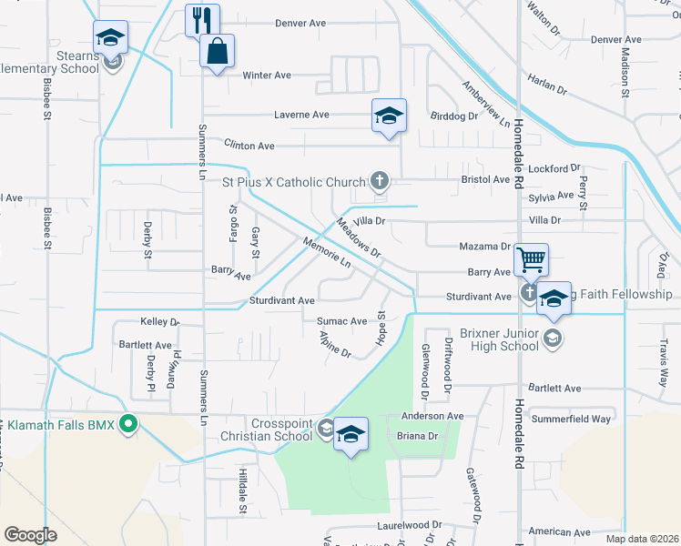 map of restaurants, bars, coffee shops, grocery stores, and more near 4214 Pepperwood Drive in Klamath Falls