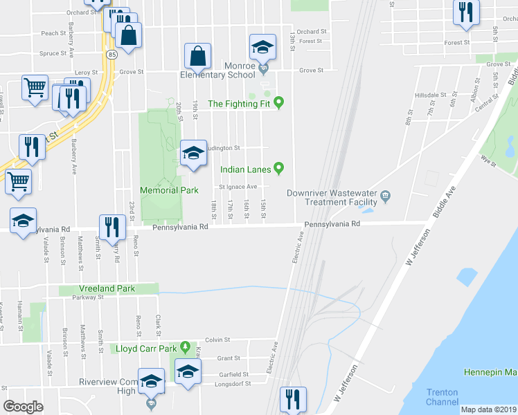 map of restaurants, bars, coffee shops, grocery stores, and more near 4666 15th Street in Wyandotte