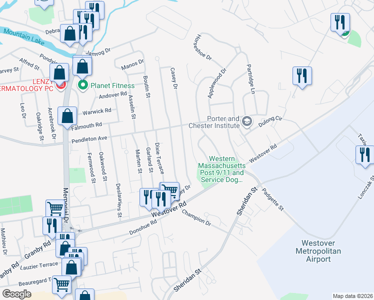 map of restaurants, bars, coffee shops, grocery stores, and more near 142 Casey Drive in Chicopee