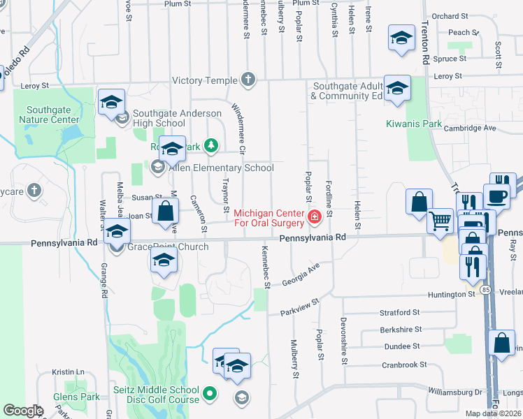 map of restaurants, bars, coffee shops, grocery stores, and more near 16728 Kennebec St in Southgate