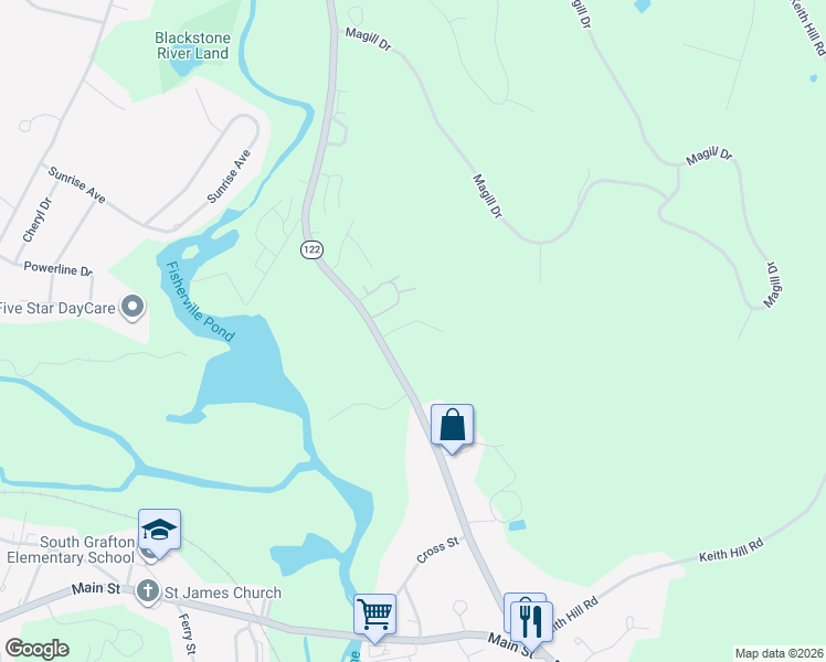 map of restaurants, bars, coffee shops, grocery stores, and more near 207 Providence Road in Grafton