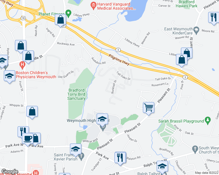 map of restaurants, bars, coffee shops, grocery stores, and more near 154 Burkhall Street in Weymouth