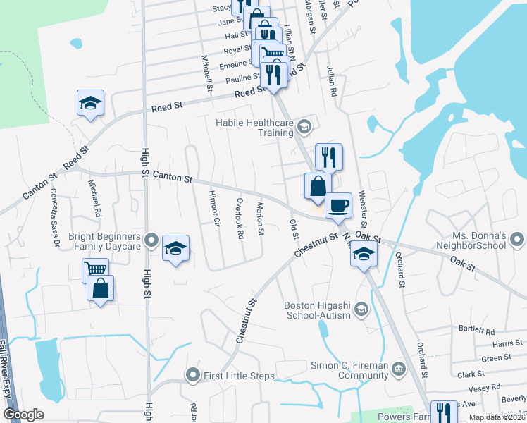 map of restaurants, bars, coffee shops, grocery stores, and more near 6 Marion Street in Randolph