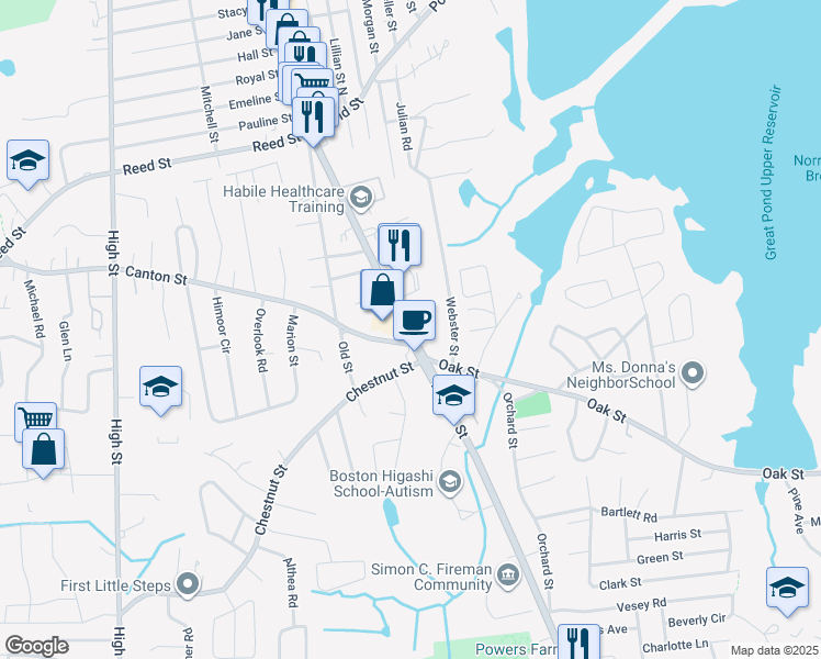 map of restaurants, bars, coffee shops, grocery stores, and more near 871 North Main Street in Randolph