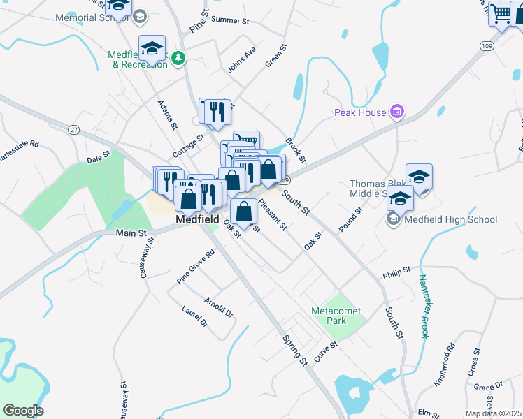 map of restaurants, bars, coffee shops, grocery stores, and more near 11 Pleasant Street in Medfield