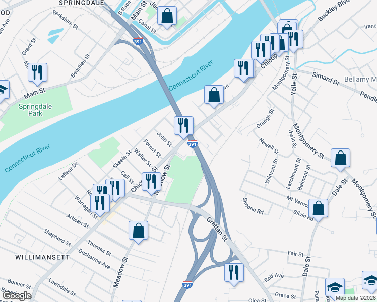 map of restaurants, bars, coffee shops, grocery stores, and more near 61 Margaret Street in Chicopee