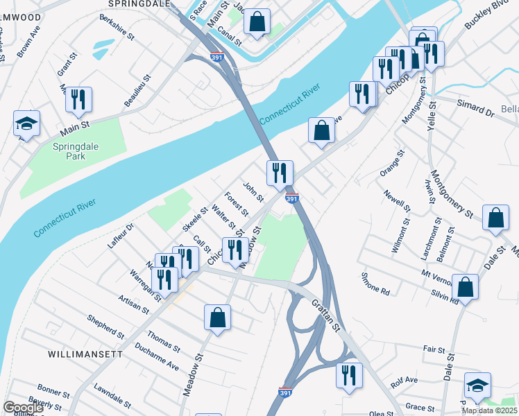 map of restaurants, bars, coffee shops, grocery stores, and more near 7 Meadow Street in Chicopee