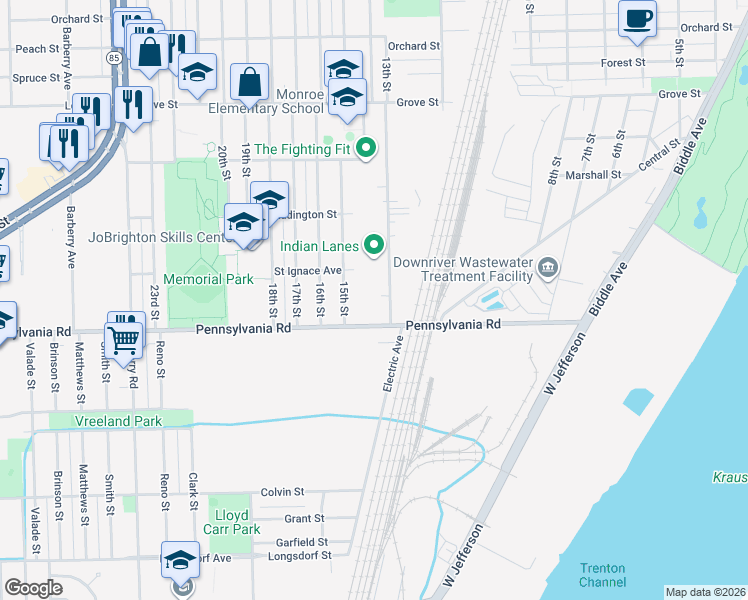 map of restaurants, bars, coffee shops, grocery stores, and more near 4660 13th Street in Wyandotte