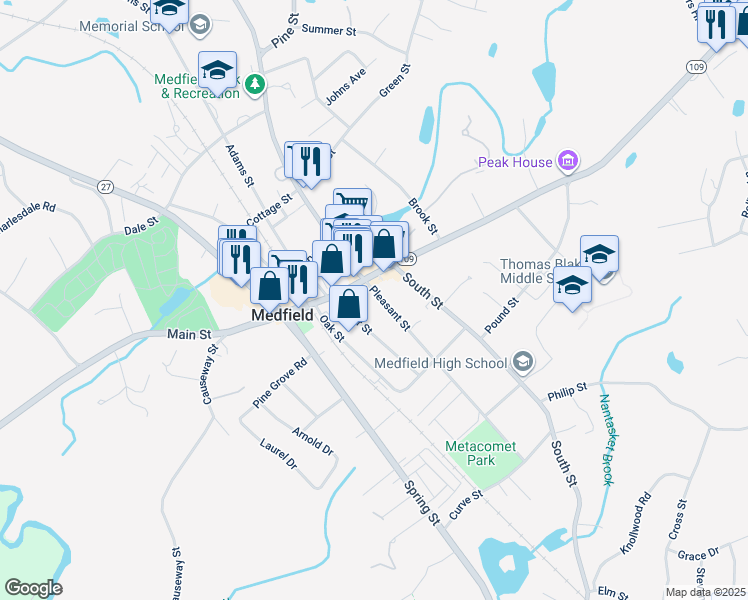 map of restaurants, bars, coffee shops, grocery stores, and more near 11 Pleasant Street in Medfield