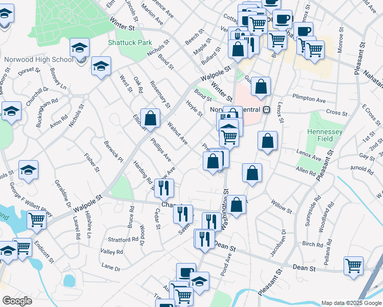 map of restaurants, bars, coffee shops, grocery stores, and more near 109 Winslow Avenue in Norwood