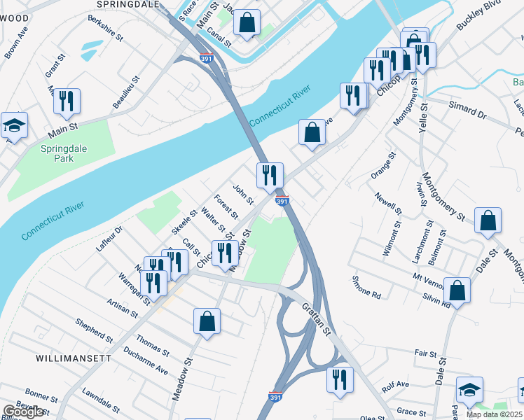 map of restaurants, bars, coffee shops, grocery stores, and more near 7 Meadow Street in Chicopee