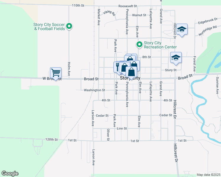 map of restaurants, bars, coffee shops, grocery stores, and more near 417 Washington St in Story City