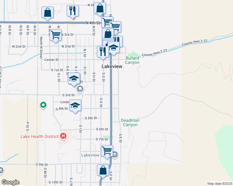 map of restaurants, bars, coffee shops, grocery stores, and more near 264 South E Street in Lakeview