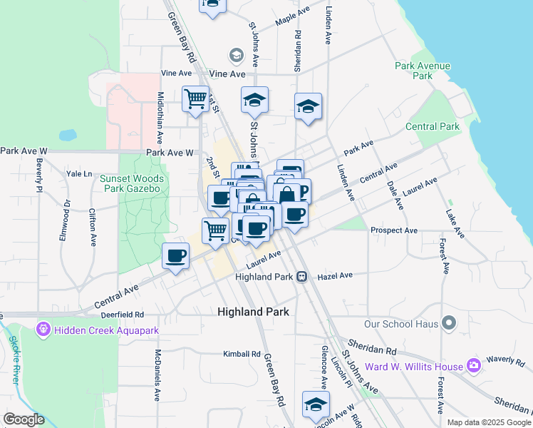map of restaurants, bars, coffee shops, grocery stores, and more near 1835 1st Street in Highland Park