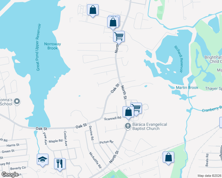 map of restaurants, bars, coffee shops, grocery stores, and more near 300 Oak Street in Randolph
