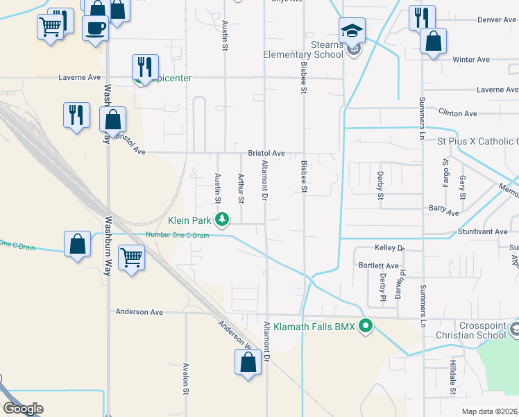map of restaurants, bars, coffee shops, grocery stores, and more near 4426 Altamont Drive in Klamath Falls