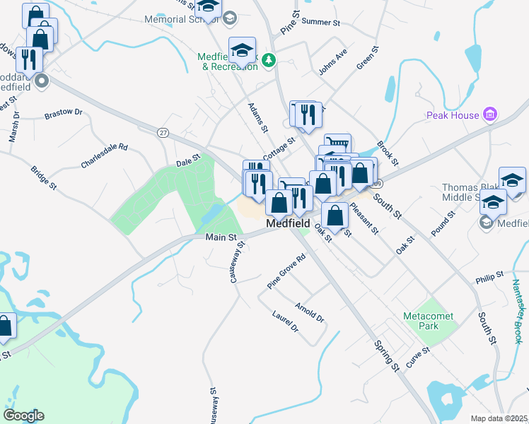 map of restaurants, bars, coffee shops, grocery stores, and more near 8c North Meadows Road in Medfield