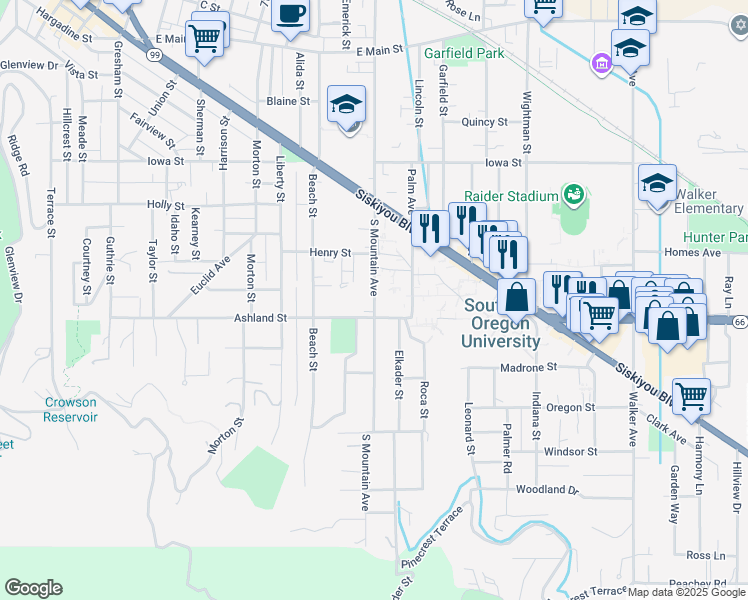 map of restaurants, bars, coffee shops, grocery stores, and more near South Mountain Avenue in Ashland