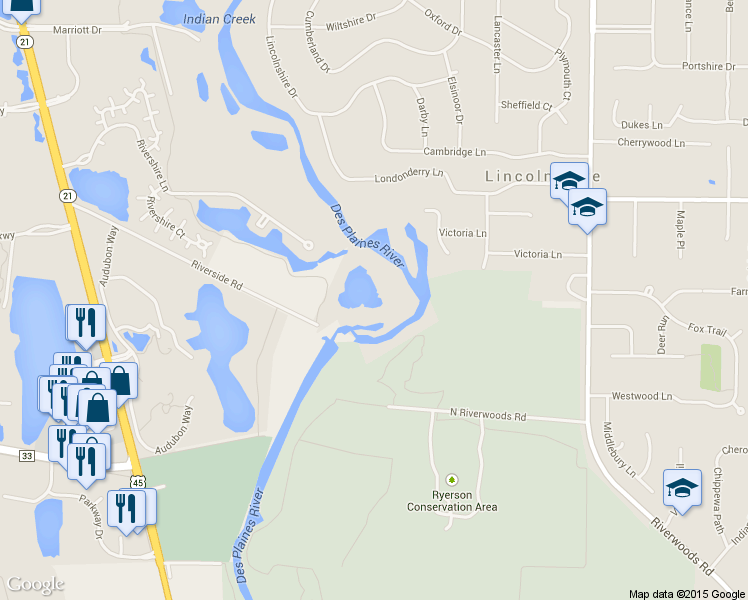 map of restaurants, bars, coffee shops, grocery stores, and more near 130 Rivershire Lane in Lincolnshire