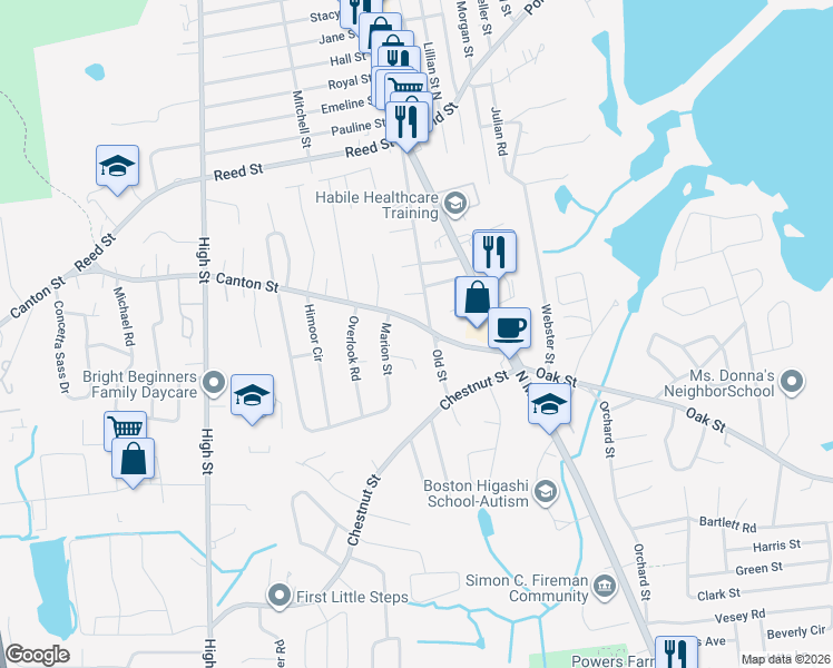 map of restaurants, bars, coffee shops, grocery stores, and more near 6 Marion Street in Randolph