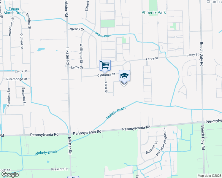 map of restaurants, bars, coffee shops, grocery stores, and more near 16343 Lauren Street in Taylor