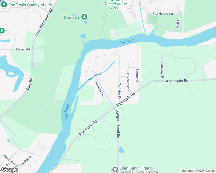 map of restaurants, bars, coffee shops, grocery stores, and more near 9800 Haegers Bend Road in Algonquin