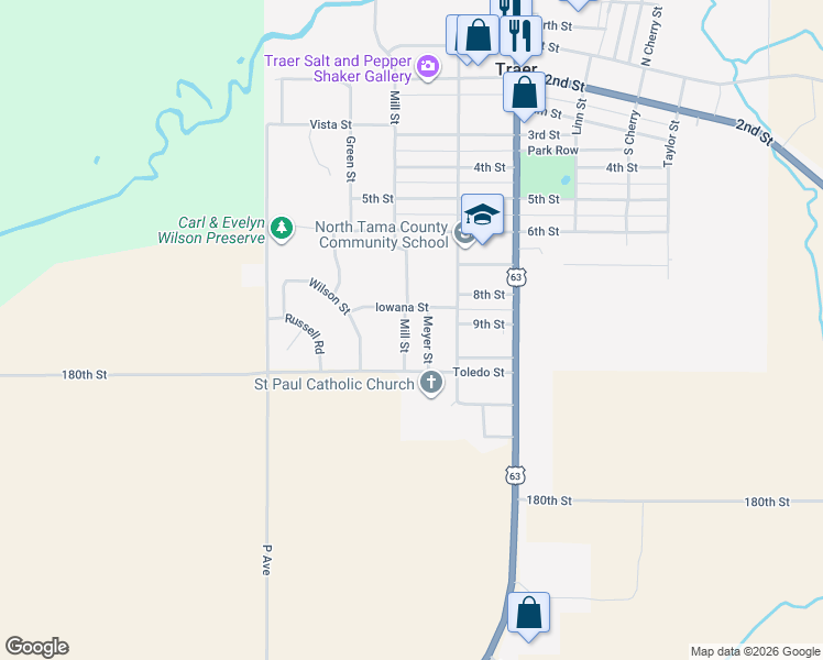 map of restaurants, bars, coffee shops, grocery stores, and more near 900-998 Meyer St in Traer