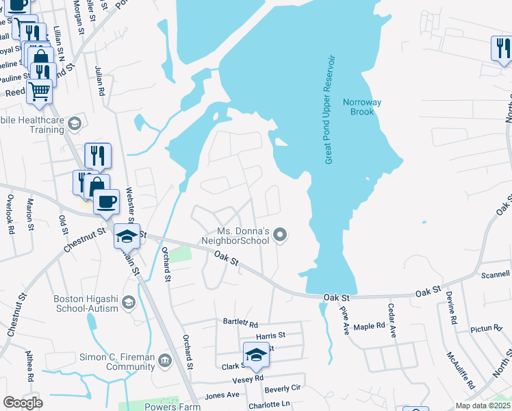 map of restaurants, bars, coffee shops, grocery stores, and more near 27 Pond Lane in Randolph