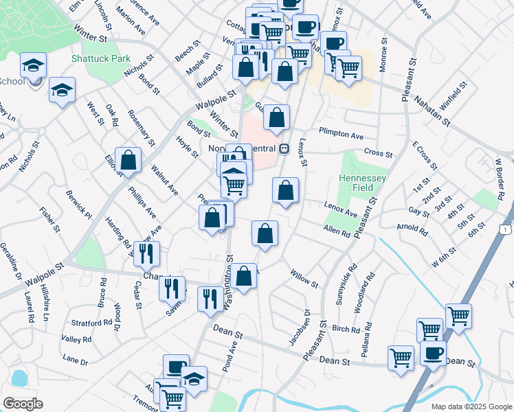 map of restaurants, bars, coffee shops, grocery stores, and more near 886 Washington Street in Norwood