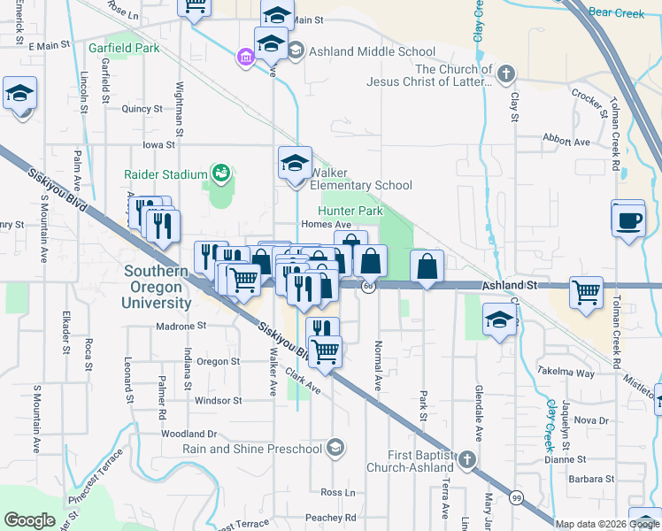 map of restaurants, bars, coffee shops, grocery stores, and more near 485 Lit Way in Ashland
