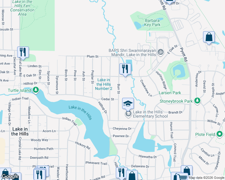 map of restaurants, bars, coffee shops, grocery stores, and more near 1108 Maple Street in Lake in the Hills